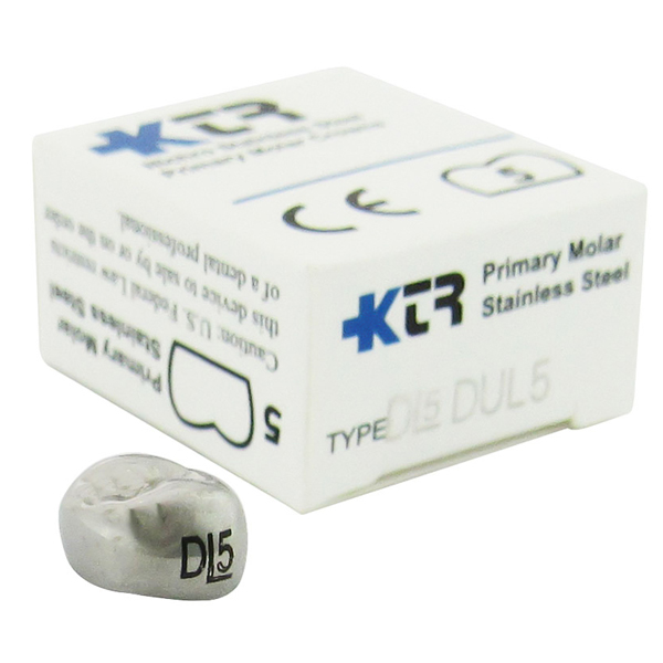 KTR Upper Left Primary First Molar Size 5 Nichro stainless steel crowns, box of 5. Manufactured