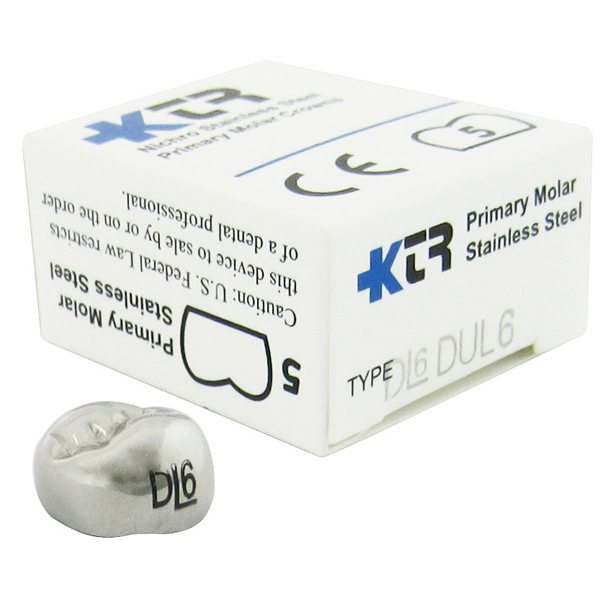 KTR Upper Left Primary First Molar Size 6 Nichro stainless steel crowns, box of 5. Manufactured
