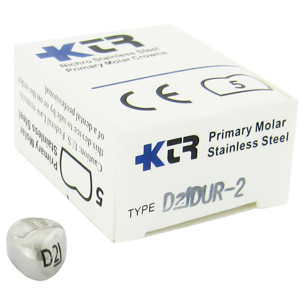 KTR Upper Right Primary First Molar Size 2 Nichro stainless steel crowns, box of 5. Manufactured