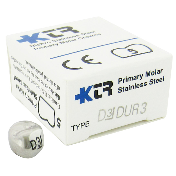 KTR Upper Right Primary First Molar Size 3 Nichro stainless steel crowns, box of 5. Manufactured