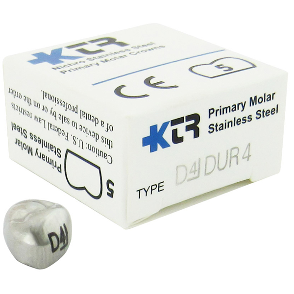 KTR Upper Right Primary First Molar Size 4 Nichro stainless steel crowns, box of 5. Manufactured