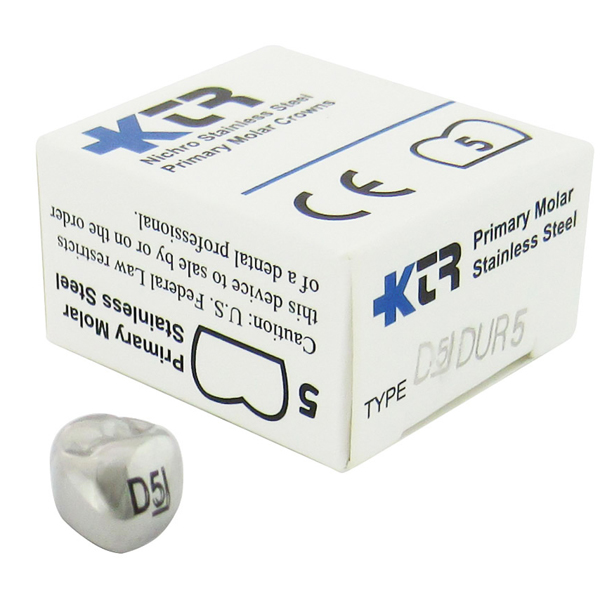 KTR Upper Right Primary First Molar Size 5 Nichro stainless steel crowns, box of 5. Manufactured