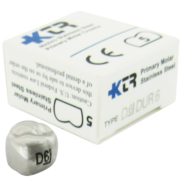 KTR Upper Right Primary First Molar Size 6 Nichro stainless steel crowns, box of 5. Manufactured