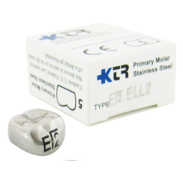 KTR Lower Left Primary Second Molar Size 2 Nichro stainless steel crowns, box of 5. Manufactured