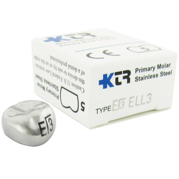 KTR Lower Left Primary Second Molar Size 3 Nichro stainless steel crowns, box of 5. Manufactured