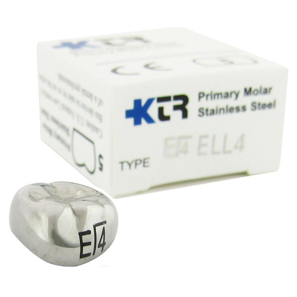 KTR Lower Left Primary Second Molar Size 4 Nichro stainless steel crowns, box of 5. Manufactured