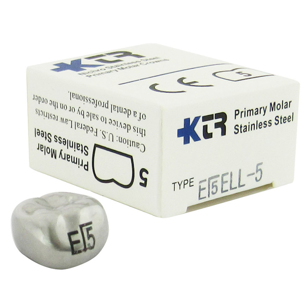 KTR Lower Left Primary Second Molar Size 5 Nichro stainless steel crowns, box of 5. Manufactured