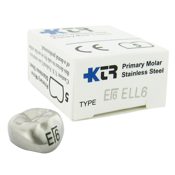 KTR Lower Left Primary Second Molar Size 6 Nichro stainless steel crowns, box of 5. Manufactured