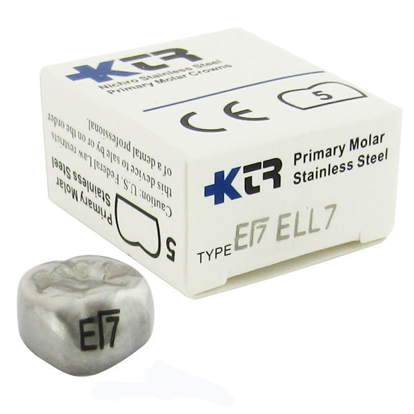 KTR Lower Left Primary Second Molar Size 7 Nichro stainless steel crowns, box of 5. Manufactured