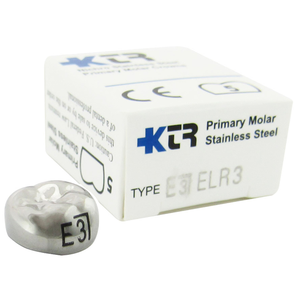 KTR Lower Right Primary Second Molar Size 3 Nichro stainless steel crowns, box of 5. Manufactured