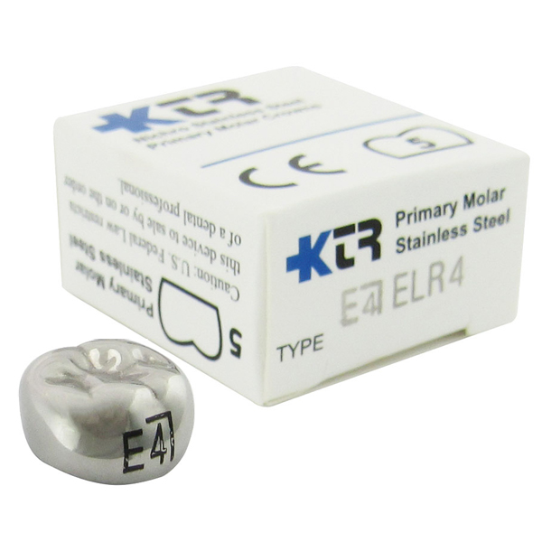 KTR Lower Right Primary Second Molar Size 4 Nichro stainless steel crowns, box of 5. Manufactured