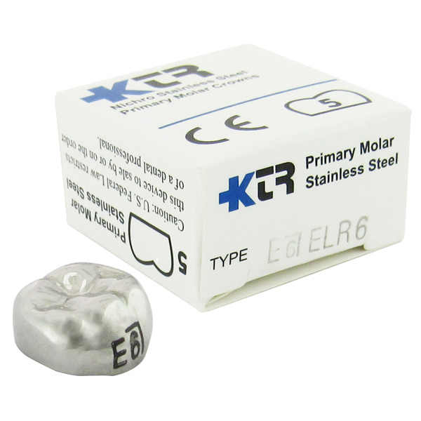 KTR Lower Right Primary Second Molar Size 6 Nichro stainless steel crowns, box of 5. Manufactured