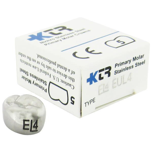 KTR Upper Left Primary Second Molar Size 4 Nichro stainless steel crowns, box of 5. Manufactured