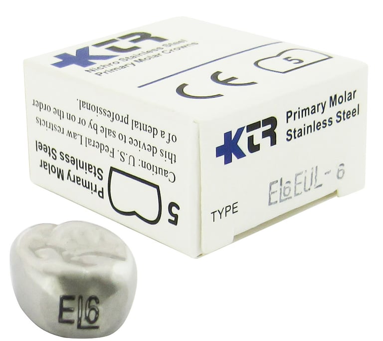 KTR Upper Left Primary Second Molar Size 6 Nichro stainless steel crowns, box of 5. Manufactured