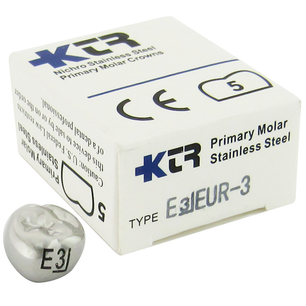 KTR Upper Right Primary Second Molar Size 3 Nichro stainless steel crowns, box of 5. Manufactured