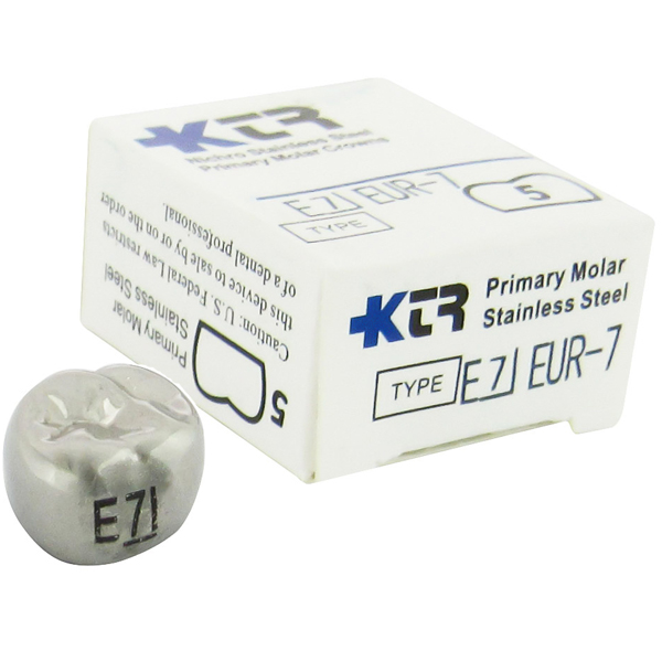 KTR Upper Right Primary Second Molar Size 7 Nichro stainless steel crowns, box of 5. Manufactured