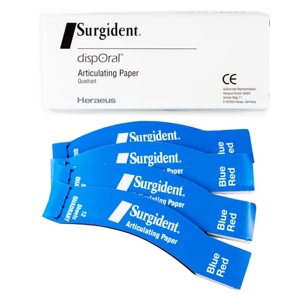 Surgident DispOral Double sided red/blue curved quadrant articulating paper, 72 microns, box of 12