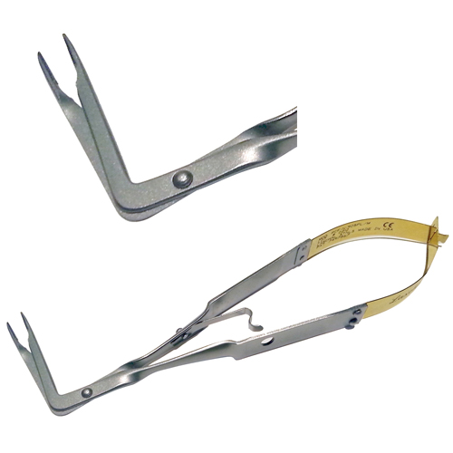 Laschal 90 degree angle E/W Steiglitz style forcep with thumb lock, serrated carbide inserts