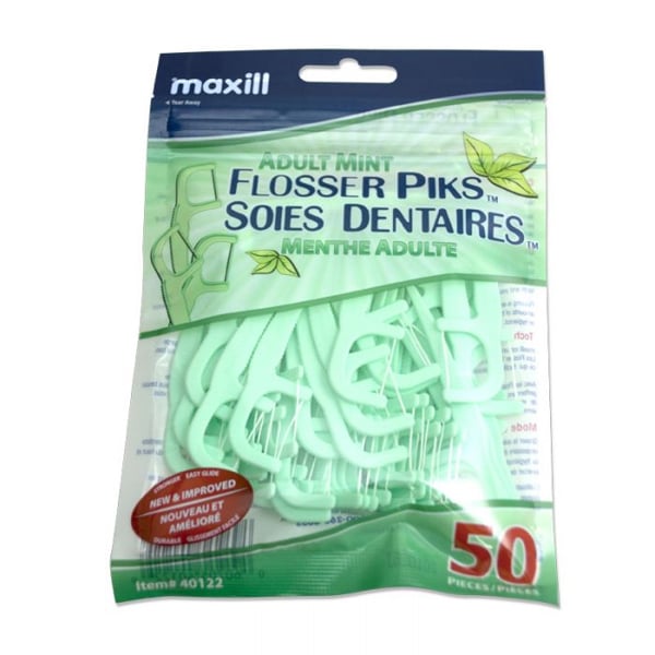 Maxill Flosser Piks Adult Mint, 50 Picks per Bag, 6 Bags per Bundle. Features a premium ultra