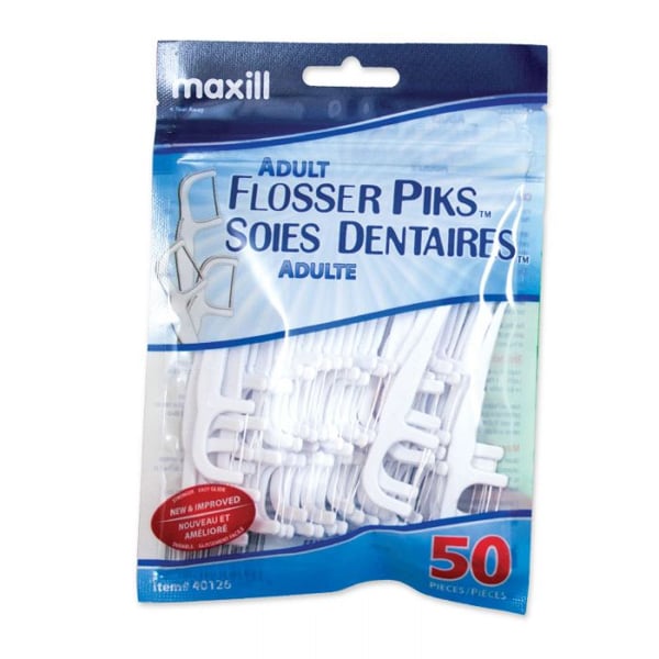 Maxill Flosser Piks Adult Regular, 50 Picks per Bag, 6 Bags per Bundle. Features a premium ultra