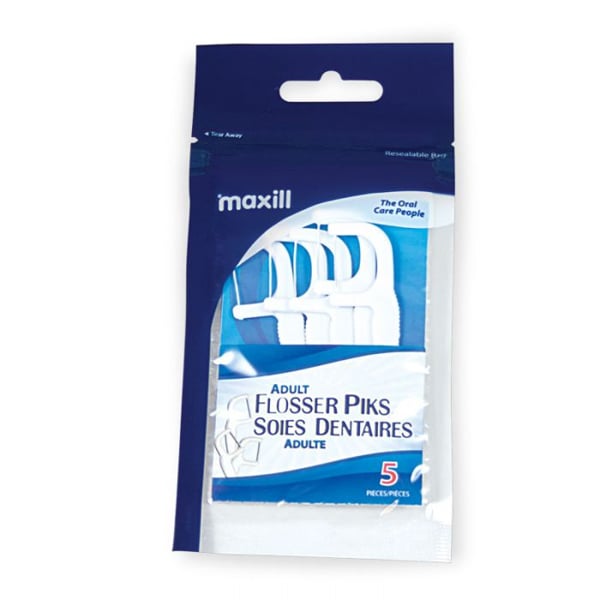 Maxill Flosser Piks Zip Bag with Pocket, Adult Regular, 5 Picks per Pack, 25 Packs per Bundle