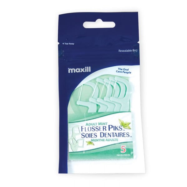 Maxill Flosser Piks Zip Bag with Pocket, Adult Mint, 5 Picks per Pack, 25 Packs per Bundle
