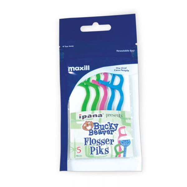 ipana Bucky Beaver Flosser Piks, Kids Regular, 5 Picks per Pack, Bundle of 24 Packs. Features