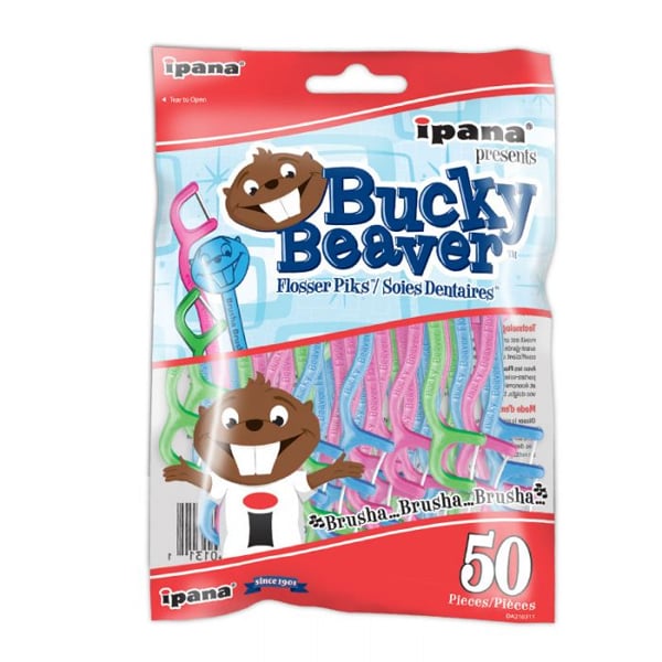 ipana Bucky Beaver Flosser Piks, Kids Regular, 50 Picks per Bag, Bundle of 6 Bags. Features