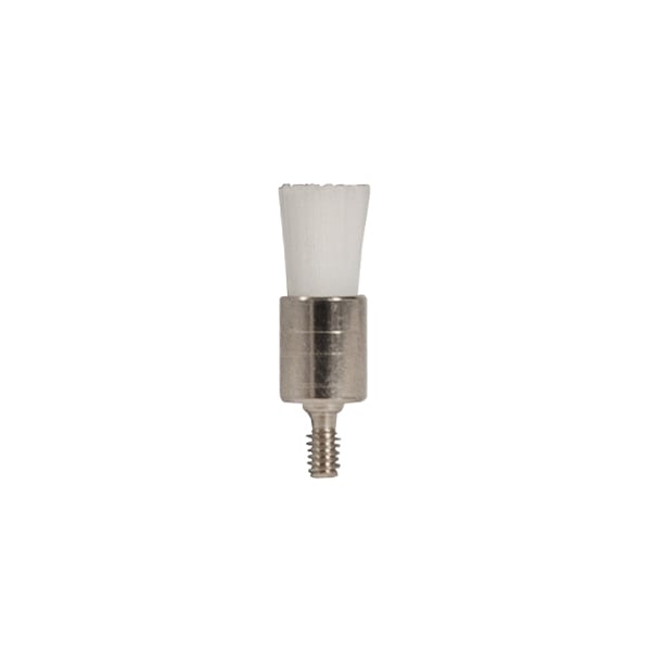 ipana Screw Type Flat Prophy Brush, Regular White Nylon, Metal shank, 144/Box. Shank length is 3.9
