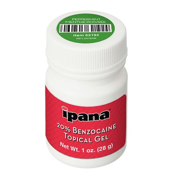 ipana 20% Benzocaine Topical Gel - Peppermint 1oz Jar. Fast acting, temporary relief of pain