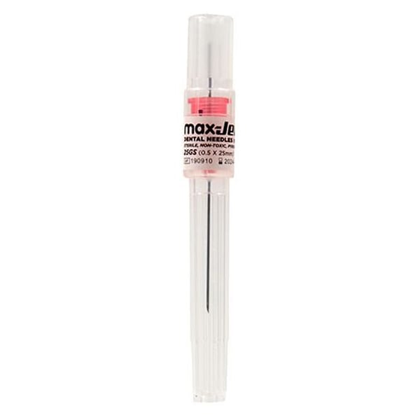Max-Ject 25G Short (0.5 x 25mm) Sterile Plastic Hub Dental Needles, Single Use, 100/Box. Feature