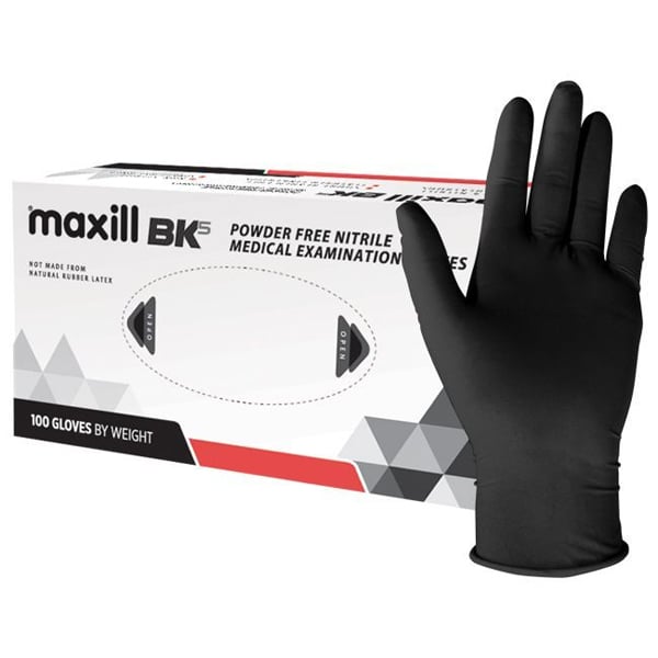 Maxill BK5 Black Powder Free Nitrile Exam Gloves, 3.9 mil, X-Large, 100/Bx. BK5 gloves feature an