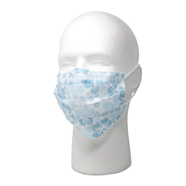 Maxill Plus ASTM Level 3 Earloop Procedural Mask, Blue Floral, 50/Box. Metal nose piece provides
