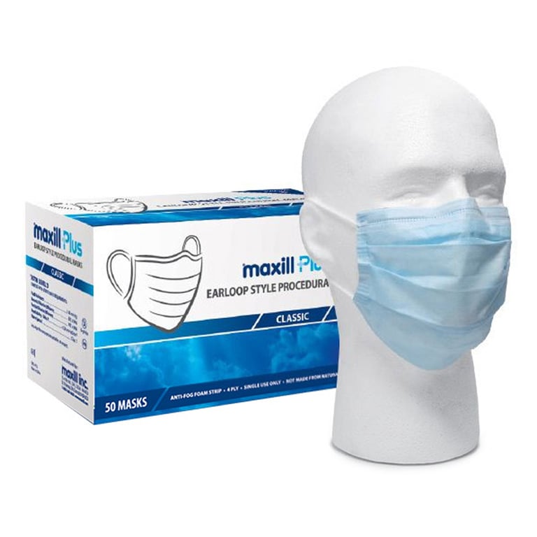 Maxill Plus ASTM Level 3 4-Ply Earloop Face Masks, Blue, 50/Box. BFE/PFE ≥ 98%. Anti-Fog foam