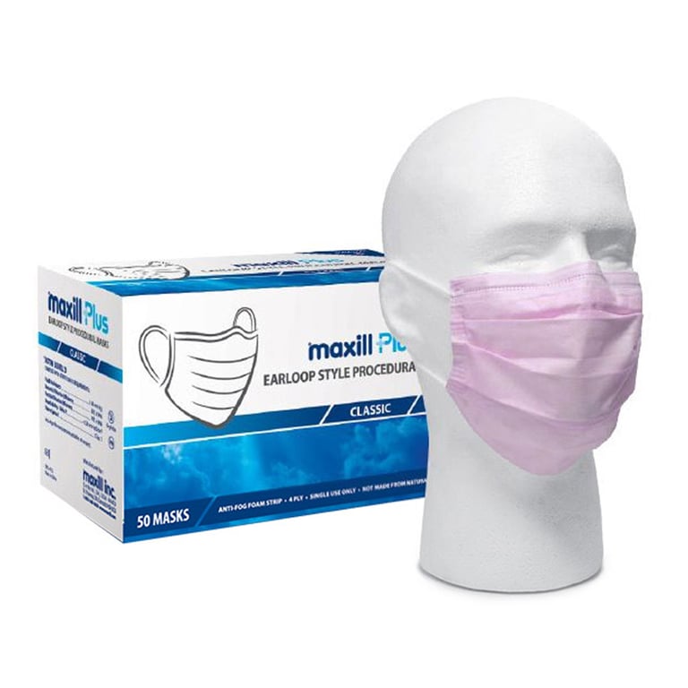 Maxill Plus ASTM Level 3 4-Ply Earloop Face Masks, Pink, 50/Box. BFE/PFE ≥ 98%. Anti-Fog foam