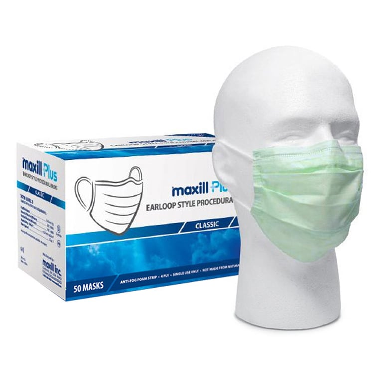 Maxill Plus ASTM Level 3 4-Ply Earloop Face Masks, Green, 50/Box. BFE/PFE ≥ 98%. Anti-Fog foam