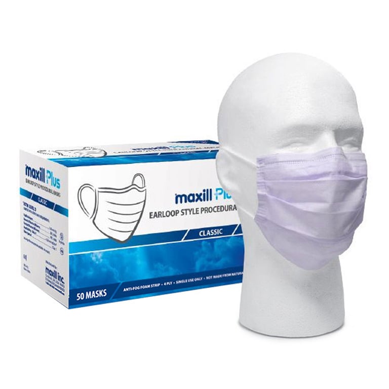 maxill Plus ASTM Level 3 4-Ply Earloop Face Masks, Lavender, 50/Box