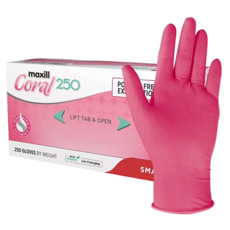 Maxill Coral Aloe Nitrile Powder Free Exam Gloves, Textured Fingertip, Small, Pink, 250/Bx. Aloe
