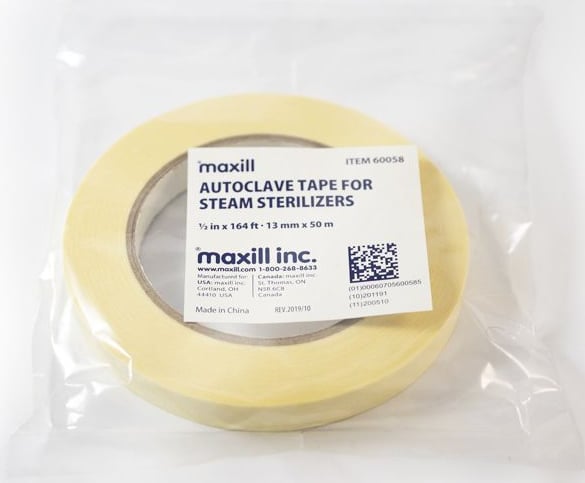Maxill 1/2" x 164' Autoclave Tape, Beige, Single Roll. Features diagonal stripes that will darken