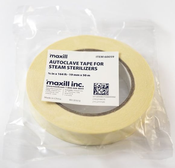 Maxill 3/4" x 164' Autoclave Tape, Beige, Single Roll. Features diagonal stripes that will darken