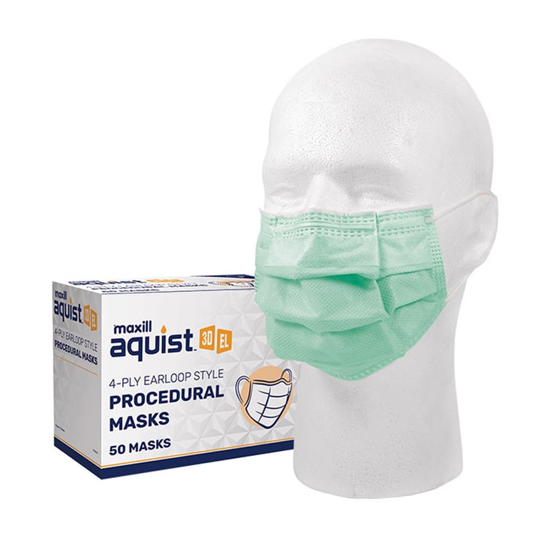 Maxill aquist 3D ASTM Level 3 4-Ply Earloop Style Procedural Masks, Green, 50/Box. Not made