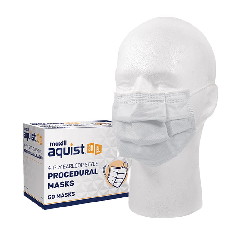 Maxill aquist 3D ASTM Level 3 4-Ply Earloop Style Procedural Masks, White, 50/Box. Not made