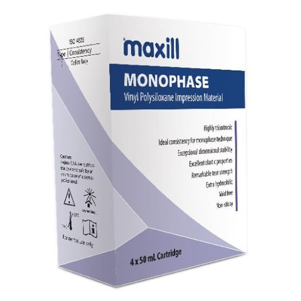 Maxill Monophase Regular Viscosity Impression Material, 4 - 50 ml Cartridges. Recommended for use