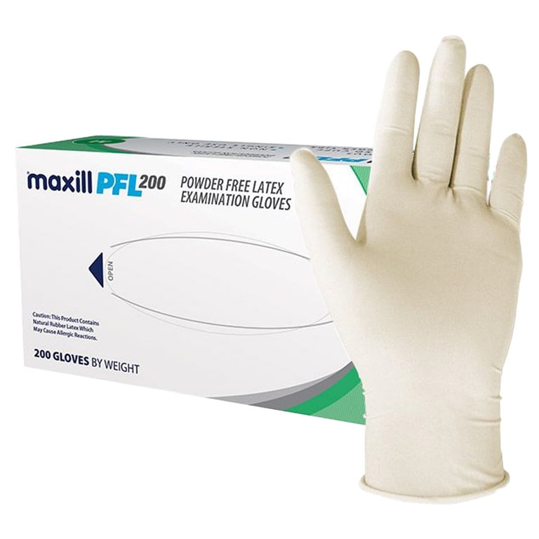 Maxill PFL200 Powder-Free Latex Exam Glove, Medium, 200/Box. Made from 100% natural rubber