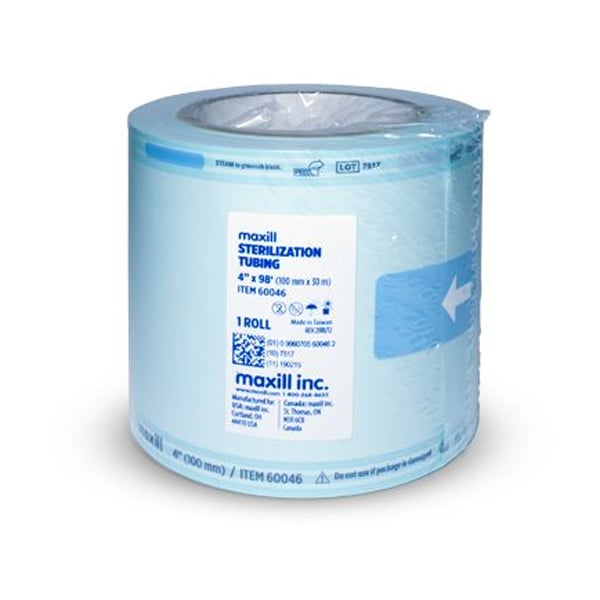 Maxill 4" Wide Sterilization Tubing with Type 1 Indicators, Single 98' Roll. Manufactured for use