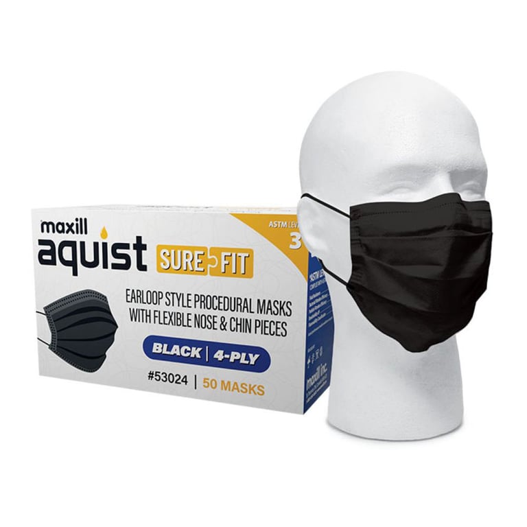 Maxill Aquist SureFit 4-Ply ASTM Level 3 Eearloop Mask w/ Nose & Chin Strips, Black, 50/Box. Fluid