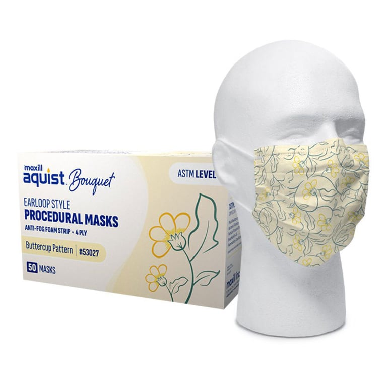 Maxill Aquist Bouquet 4-Ply ASTM Level 3 Earloop Mask, Buttercup, 50/Box. Fluid resistance