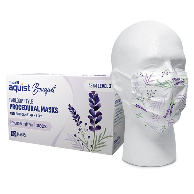 Maxill Aquist Bouquet 4-Ply ASTM Level 3 Earloop Mask, Lavender, 50/Box. Fluid resistance