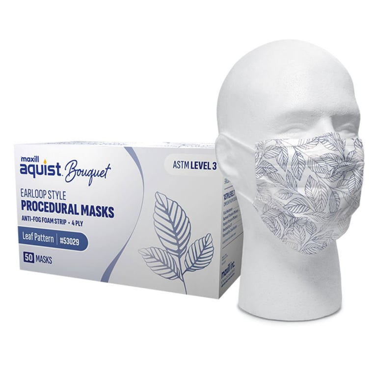 Maxill Aquist Bouquet 4-Ply ASTM Level 3 Earloop Mask, Leaf Pattern, 50/Box. Fluid resistance