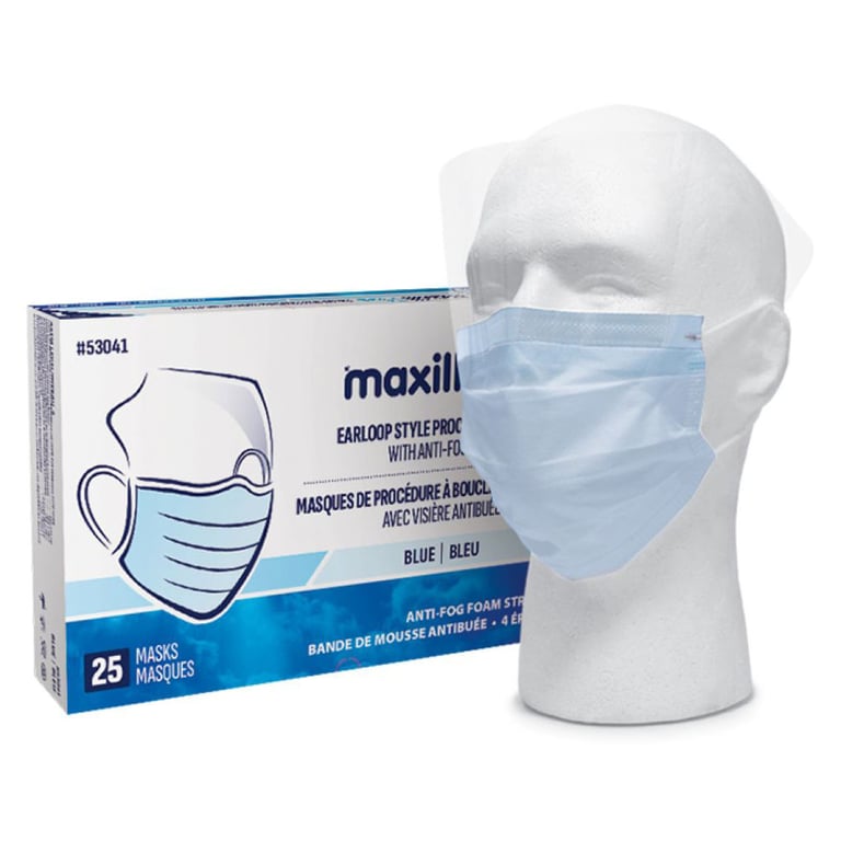 Maxill Plus 4-Ply ASTM Level 3 Earloop Style Mask w/ Anti-Fog Visor, Blue, 25/Box. Features a soft